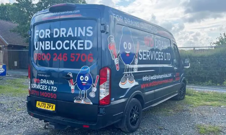 WD Drain Services van attending a blocked drain call in Manchester